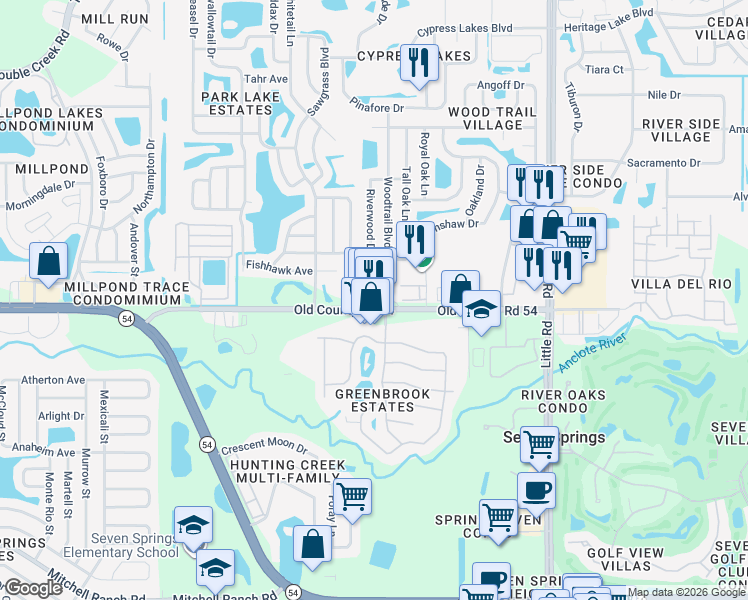 map of restaurants, bars, coffee shops, grocery stores, and more near 8501 Old Co Road 54 in New Port Richey