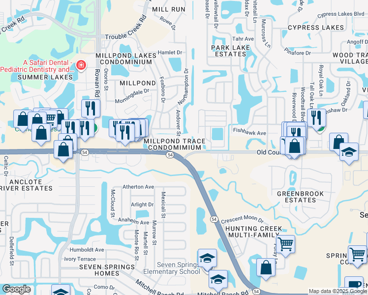 map of restaurants, bars, coffee shops, grocery stores, and more near 7910 Hardwick Drive in New Port Richey