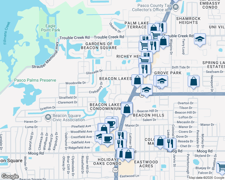map of restaurants, bars, coffee shops, grocery stores, and more near 4035 Lighthouse Way in New Port Richey