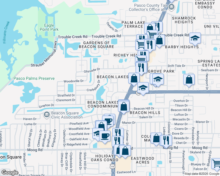 map of restaurants, bars, coffee shops, grocery stores, and more near 4035 Lighthouse Way in New Port Richey