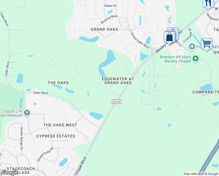 map of restaurants, bars, coffee shops, grocery stores, and more near 4211 Winding River Way in Land O' Lakes
