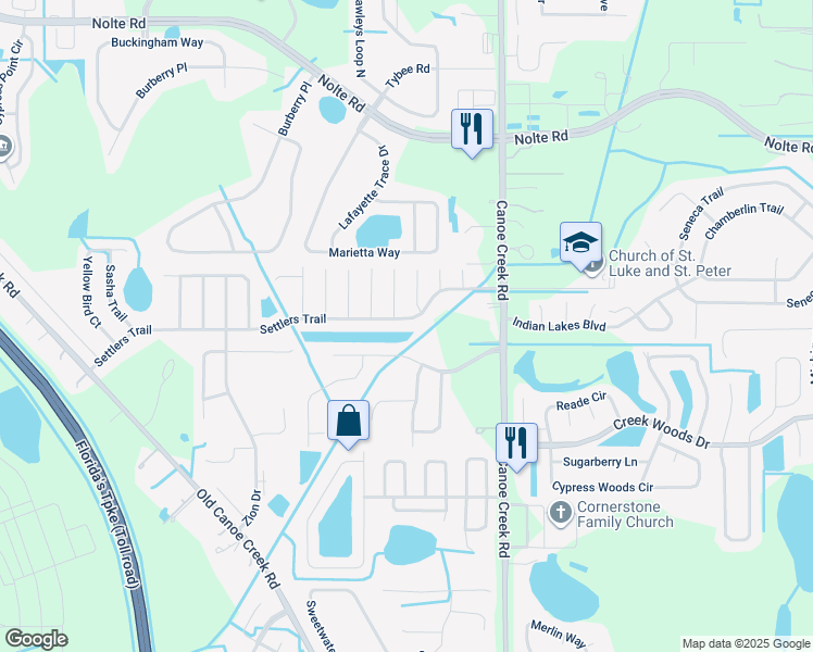 map of restaurants, bars, coffee shops, grocery stores, and more near 2417 Settlers Trail in Saint Cloud