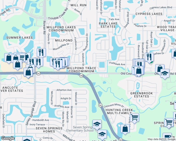 map of restaurants, bars, coffee shops, grocery stores, and more near 7924 Hardwick Drive in New Port Richey