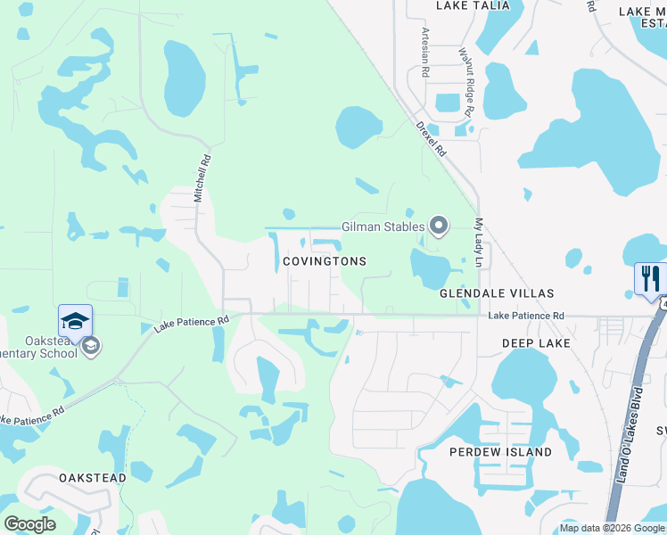 map of restaurants, bars, coffee shops, grocery stores, and more near 4130 Wajer Road in Land O' Lakes