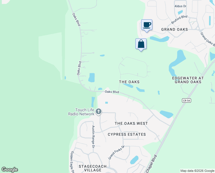 map of restaurants, bars, coffee shops, grocery stores, and more near 25053 Oaks Boulevard in Land O' Lakes