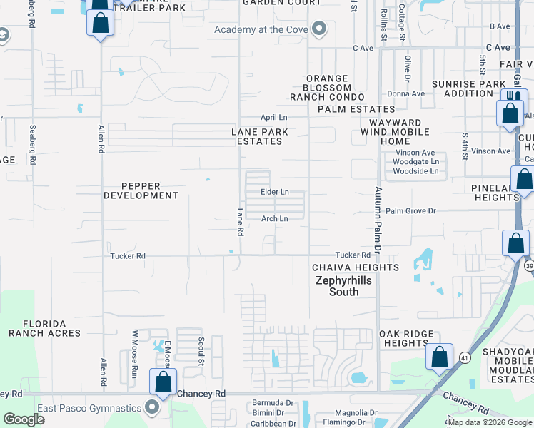 map of restaurants, bars, coffee shops, grocery stores, and more near 37534 Crimson Lane in Zephyrhills