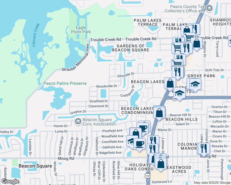 map of restaurants, bars, coffee shops, grocery stores, and more near 4211 Newbury Drive in New Port Richey