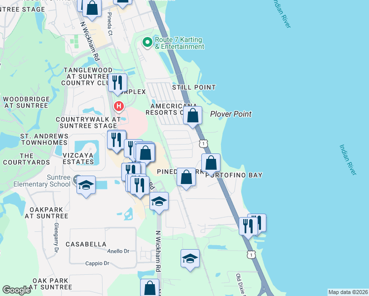 map of restaurants, bars, coffee shops, grocery stores, and more near 408 Elise Lane in Melbourne