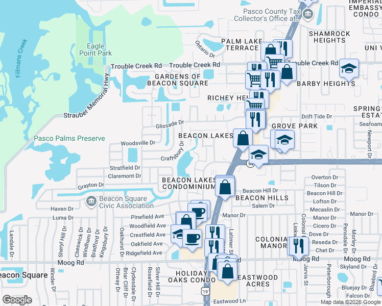 map of restaurants, bars, coffee shops, grocery stores, and more near 4354 Craftsbury Drive in Port Richey
