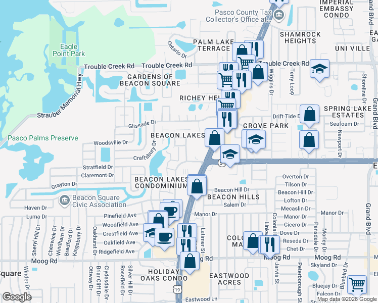 map of restaurants, bars, coffee shops, grocery stores, and more near 4024 Jib Sail Court in New Port Richey