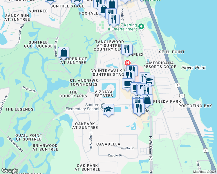 map of restaurants, bars, coffee shops, grocery stores, and more near 424 Vizcaya Court in Melbourne
