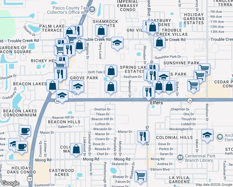 map of restaurants, bars, coffee shops, grocery stores, and more near 4169 Highland Loop in Port Richey