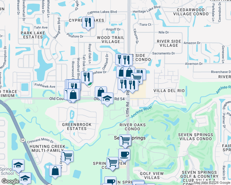 map of restaurants, bars, coffee shops, grocery stores, and more near 4041 Passport Lane in New Port Richey