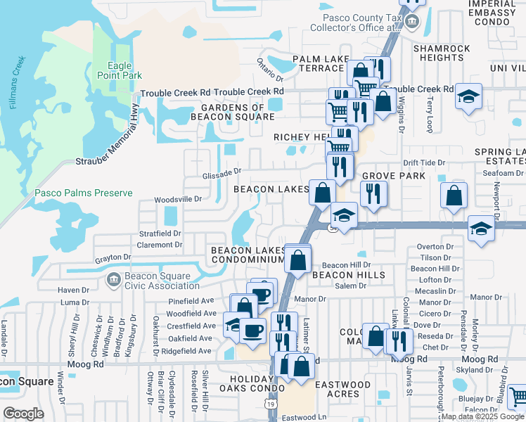 map of restaurants, bars, coffee shops, grocery stores, and more near 4035 Lighthouse Way in New Port Richey