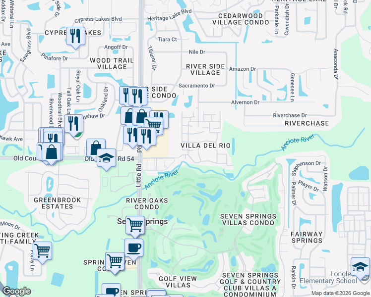 map of restaurants, bars, coffee shops, grocery stores, and more near 9221 Repondo Place in New Port Richey