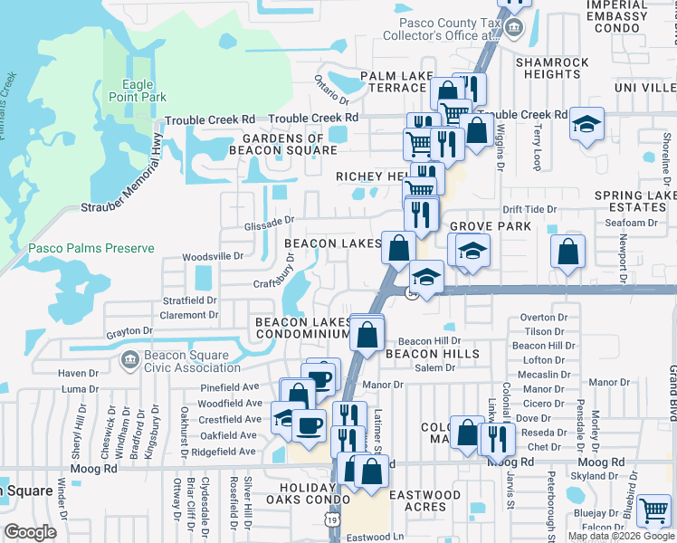 map of restaurants, bars, coffee shops, grocery stores, and more near 4035 Lighthouse Way in New Port Richey