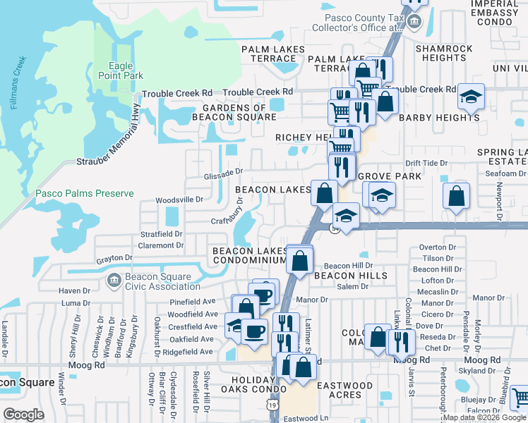 map of restaurants, bars, coffee shops, grocery stores, and more near 4035 Lighthouse Way in New Port Richey