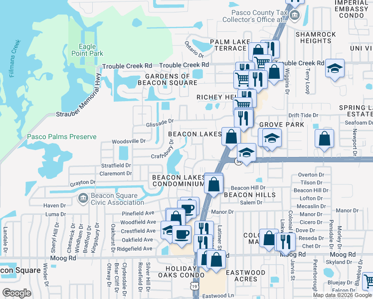 map of restaurants, bars, coffee shops, grocery stores, and more near 4035 Lighthouse Way in New Port Richey