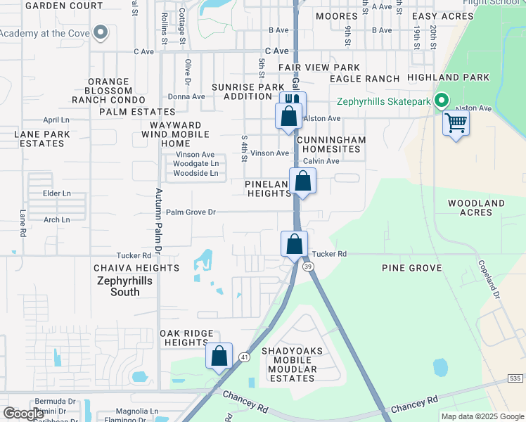 map of restaurants, bars, coffee shops, grocery stores, and more near 38341 Palm Grove Drive in Zephyrhills