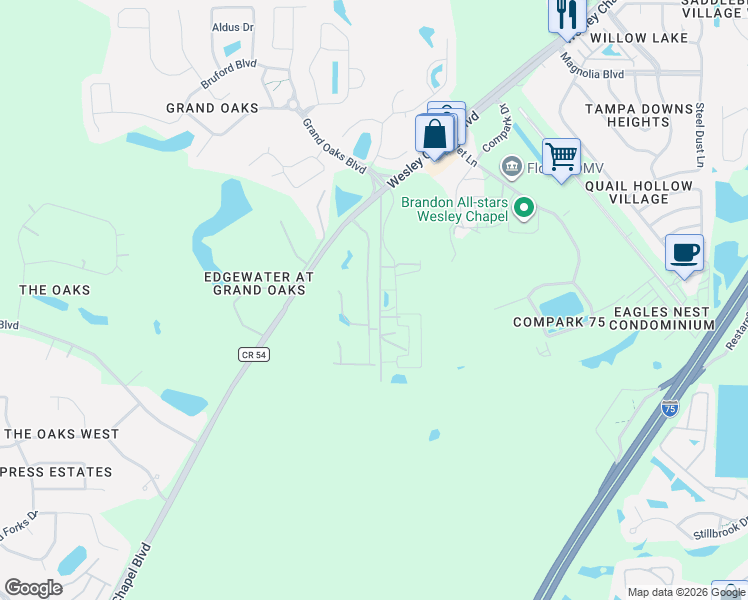 map of restaurants, bars, coffee shops, grocery stores, and more near 4220 Cloud Hopper Way in Lutz