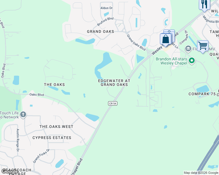 map of restaurants, bars, coffee shops, grocery stores, and more near 4216 Winding River Way in Pasco County