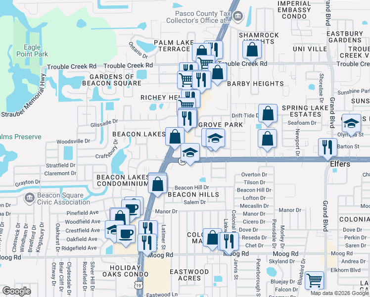 map of restaurants, bars, coffee shops, grocery stores, and more near 4034 Valencia Drive in New Port Richey