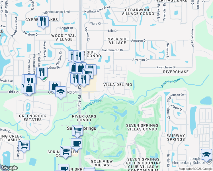 map of restaurants, bars, coffee shops, grocery stores, and more near 9234 Santa Monica Way in New Port Richey
