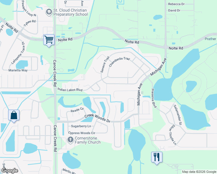 map of restaurants, bars, coffee shops, grocery stores, and more near 4411 Winrun Ct in St Cloud