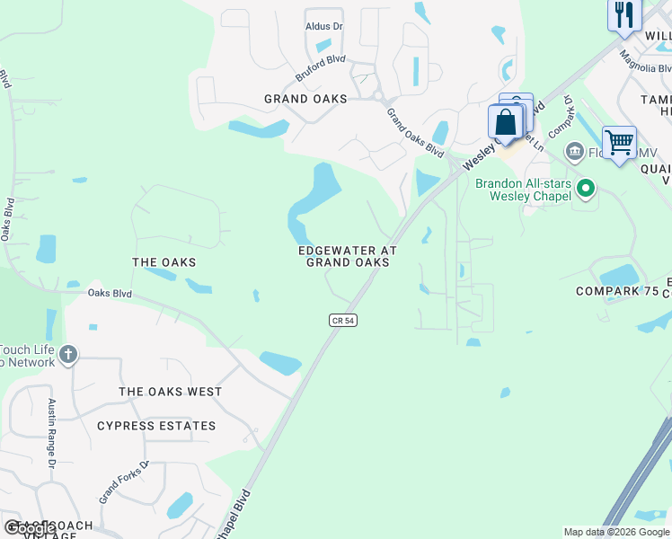 map of restaurants, bars, coffee shops, grocery stores, and more near 4220 Winding River Way in Pasco County