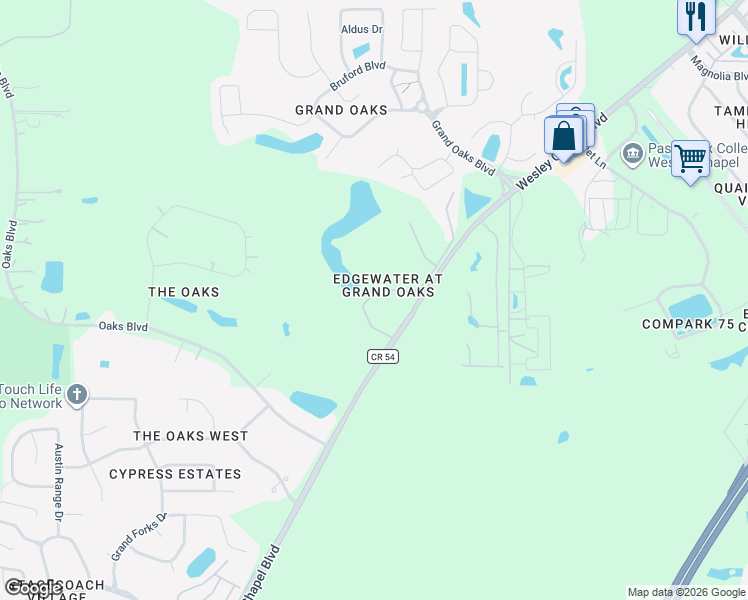 map of restaurants, bars, coffee shops, grocery stores, and more near 4211 Winding River Way in Land O' Lakes