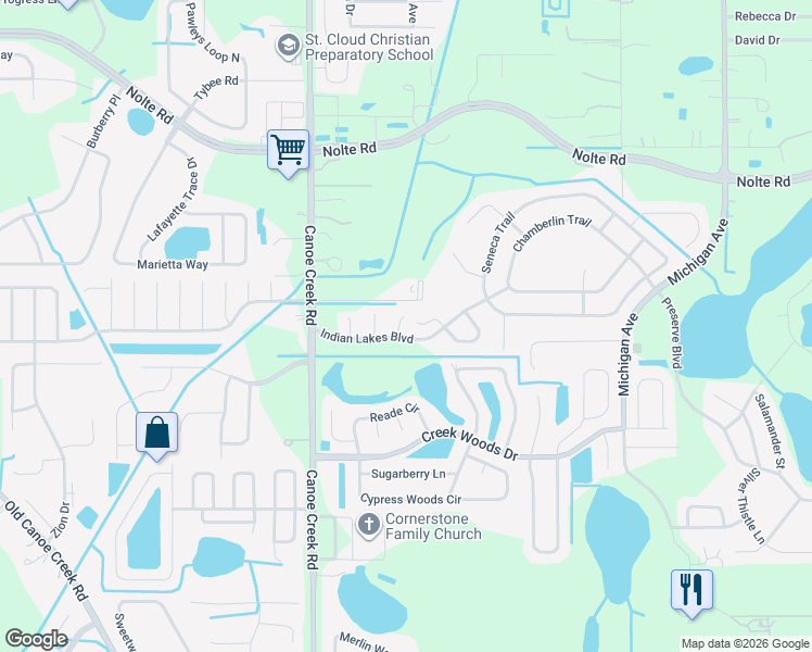 map of restaurants, bars, coffee shops, grocery stores, and more near 4303 Mohawk Court in Saint Cloud
