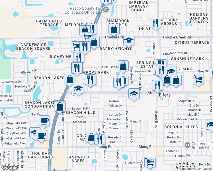 map of restaurants, bars, coffee shops, grocery stores, and more near 5023 Queen Palm Drive in Port Richey