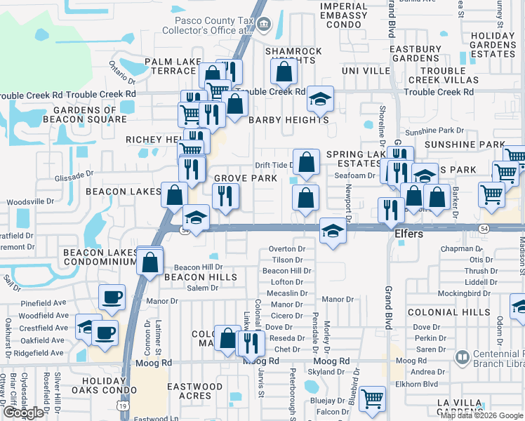 map of restaurants, bars, coffee shops, grocery stores, and more near 5015 Queen Palm Drive in New Port Richey
