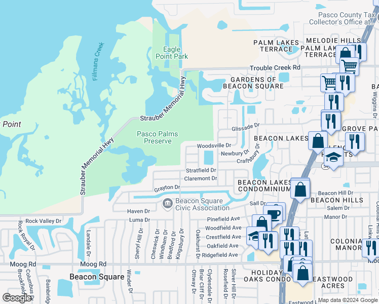map of restaurants, bars, coffee shops, grocery stores, and more near 4021 Newcastle Drive in Port Richey