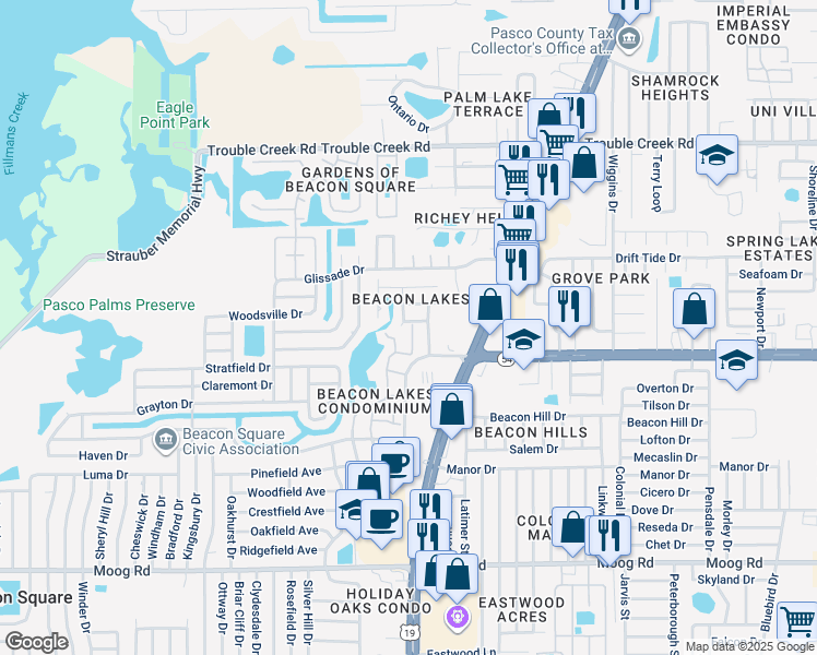 map of restaurants, bars, coffee shops, grocery stores, and more near 4035 Lighthouse Way in New Port Richey