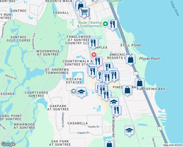 map of restaurants, bars, coffee shops, grocery stores, and more near 6540 North Wickham Road in Melbourne
