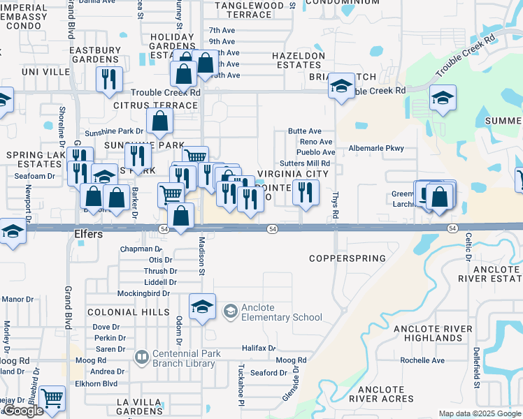 map of restaurants, bars, coffee shops, grocery stores, and more near 6189 Chesham Drive in New Port Richey