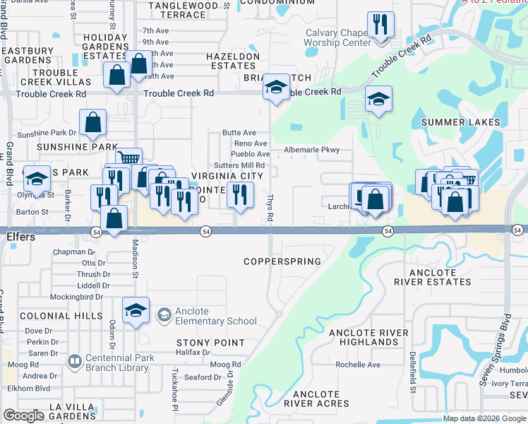 map of restaurants, bars, coffee shops, grocery stores, and more near 4035 Thys Road in New Port Richey