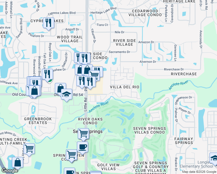map of restaurants, bars, coffee shops, grocery stores, and more near 4051 Vista Verde Drive in New Port Richey