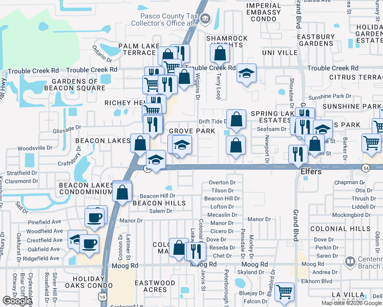 map of restaurants, bars, coffee shops, grocery stores, and more near 4018 Citrus Drive in New Port Richey