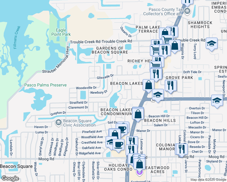 map of restaurants, bars, coffee shops, grocery stores, and more near 4354 Craftsbury Drive in Port Richey