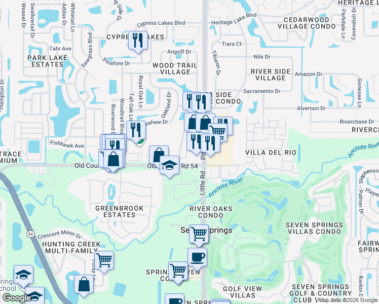 map of restaurants, bars, coffee shops, grocery stores, and more near 4041 Passport Lane in New Port Richey