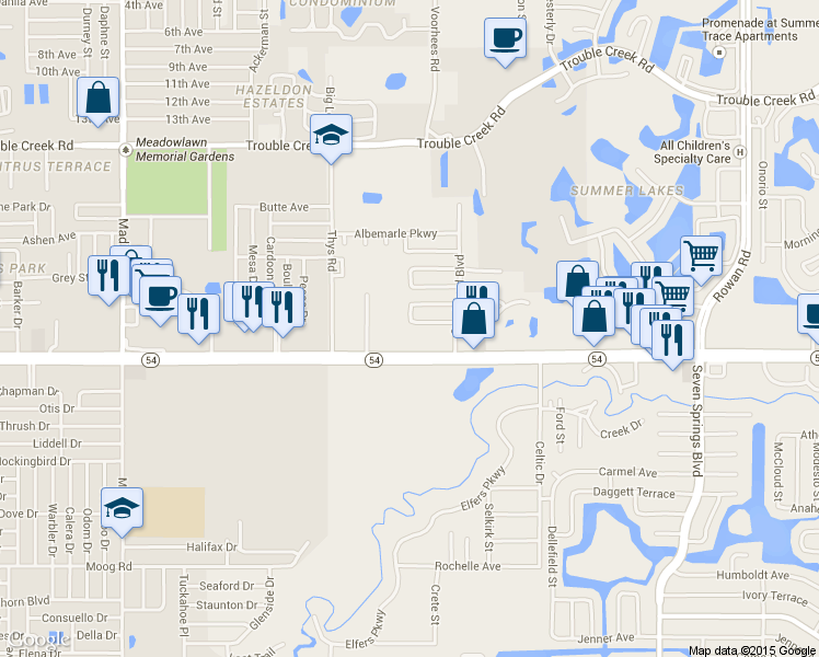 map of restaurants, bars, coffee shops, grocery stores, and more near 6648 Larchmont Avenue in New Port Richey