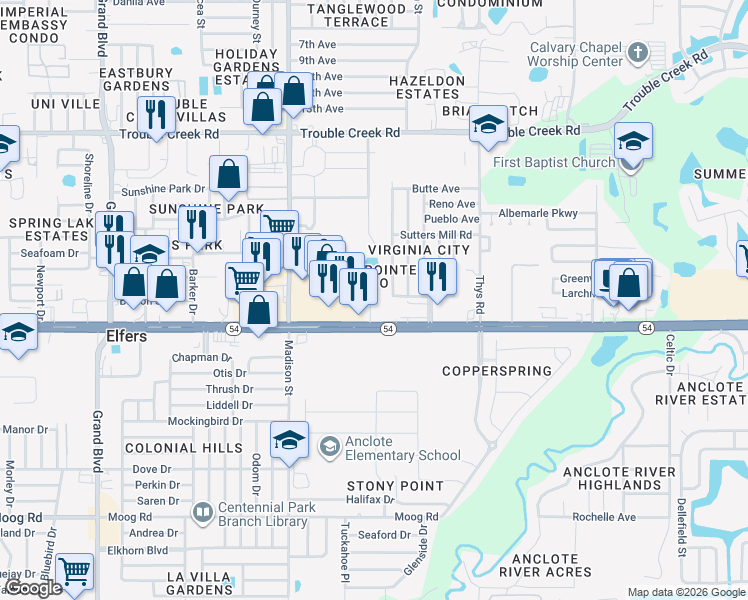 map of restaurants, bars, coffee shops, grocery stores, and more near 6189 Chesham Drive in New Port Richey