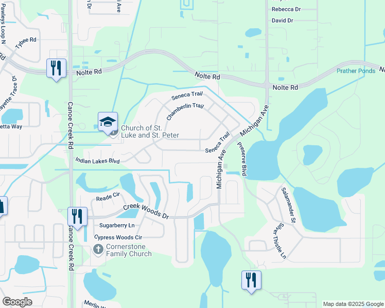 map of restaurants, bars, coffee shops, grocery stores, and more near 1054 Seneca Trail in St. Cloud