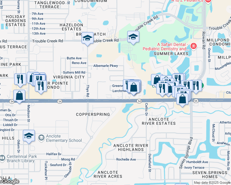 map of restaurants, bars, coffee shops, grocery stores, and more near 6648 Larchmont Avenue in New Port Richey