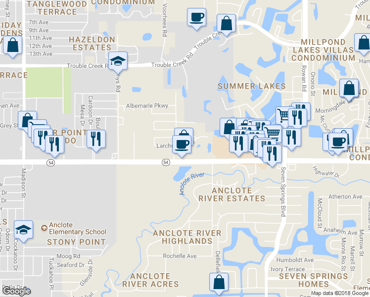 map of restaurants, bars, coffee shops, grocery stores, and more near 6826 Larchmont Avenue in New Port Richey