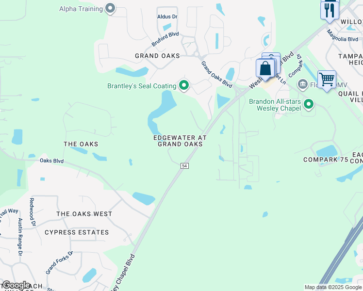 map of restaurants, bars, coffee shops, grocery stores, and more near 4314 Winding River Way in Pasco County
