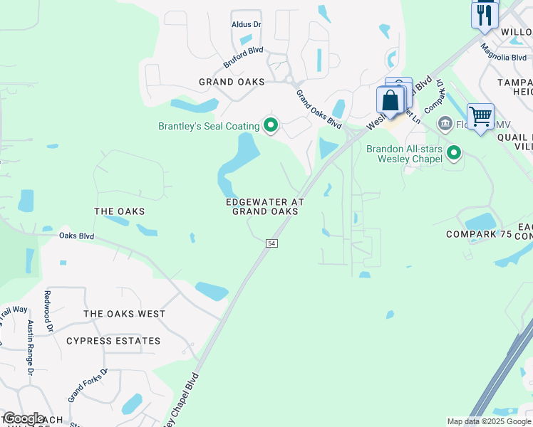 map of restaurants, bars, coffee shops, grocery stores, and more near 4312 Winding River Way in Pasco County