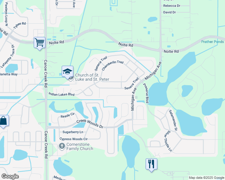 map of restaurants, bars, coffee shops, grocery stores, and more near 1054 Seneca Trail in St. Cloud